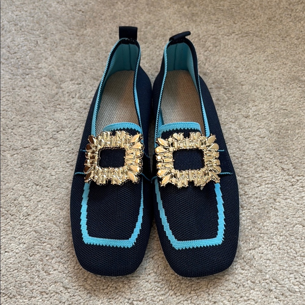 Navy Blue Knit Slip-On Loafers with Turquoise Trim and Silver Statement Buckle